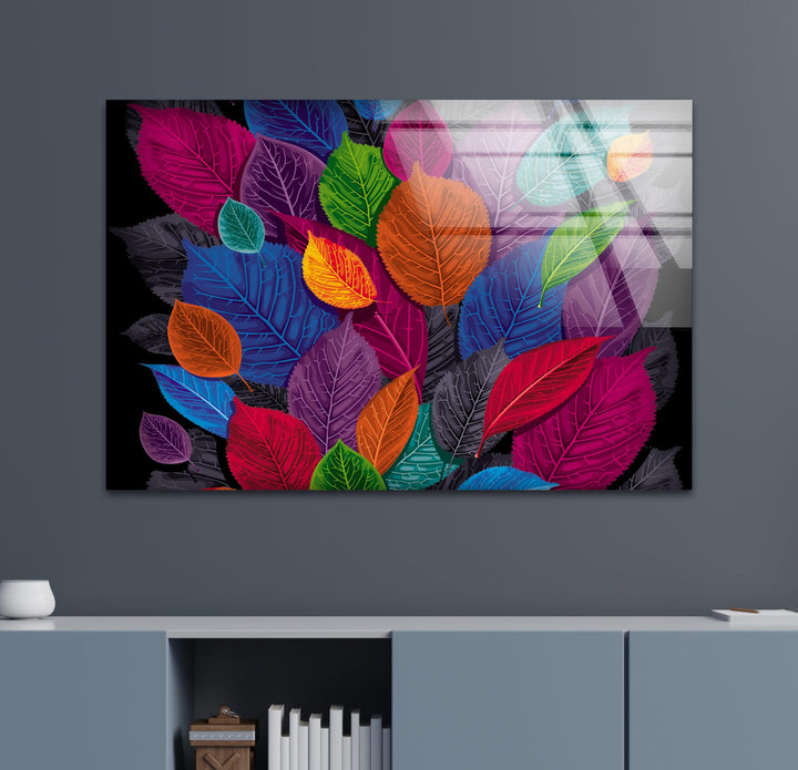 Modern Colorful Leaf Glass Wall Art, custom glass pictures, glass art prints