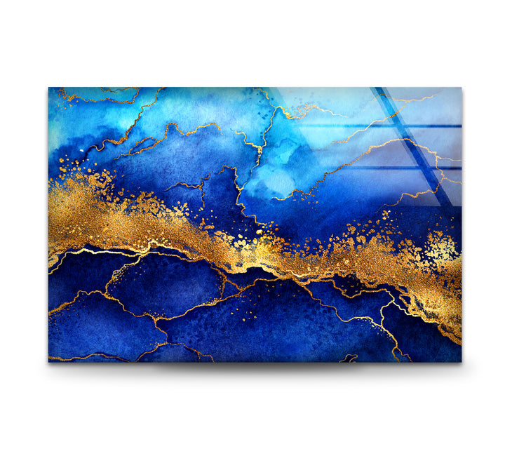 Blue and Golden Abstract Glass Wall Art large glass photo prints, glass wall photos