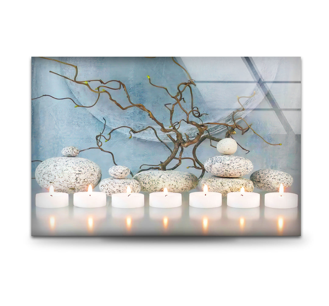 Candle With Zen Spa Stones Glass Wall Art