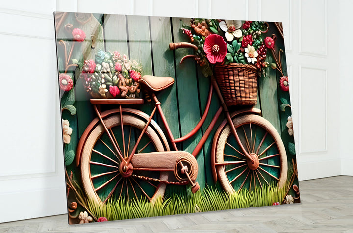 Bicycle with Flowers Glass Wall Art print picture on glass, Tempered Glass Wall Art
