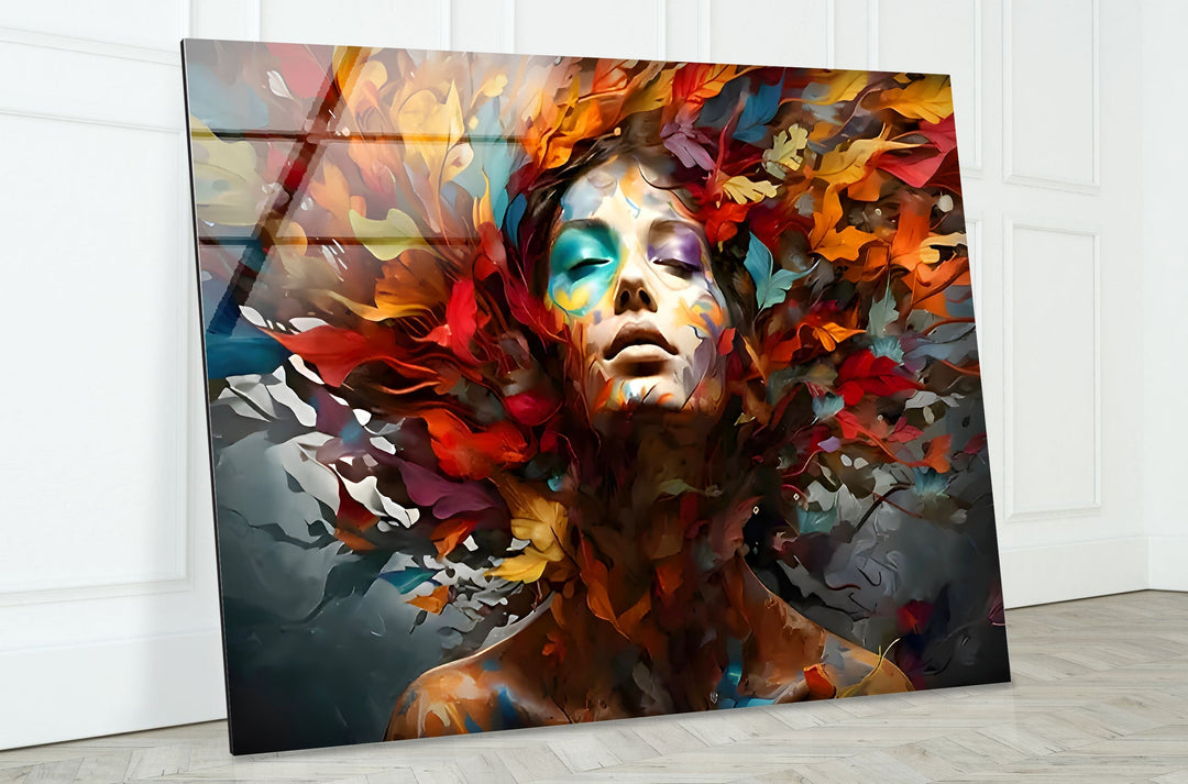 Woman with Colored Leafs Glass Wall Art custom glass photo prints, large glass prints
