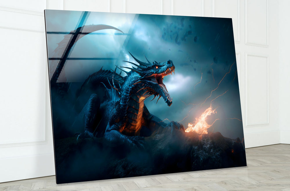 Powerful dragon with glowing eyes and fire erupting from its mouth in a dramatic scene.
