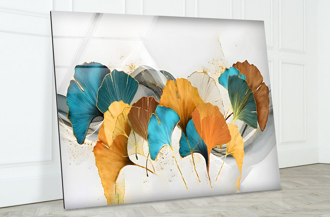 Turquoise & Orange Flower Glass Wall Art custom glass pictures, glass art prints
