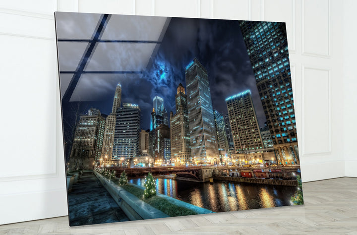 Chicago Skyline Glass Wall Art – Majestic View of Chicago's Iconic River & Skyscrapers at Night