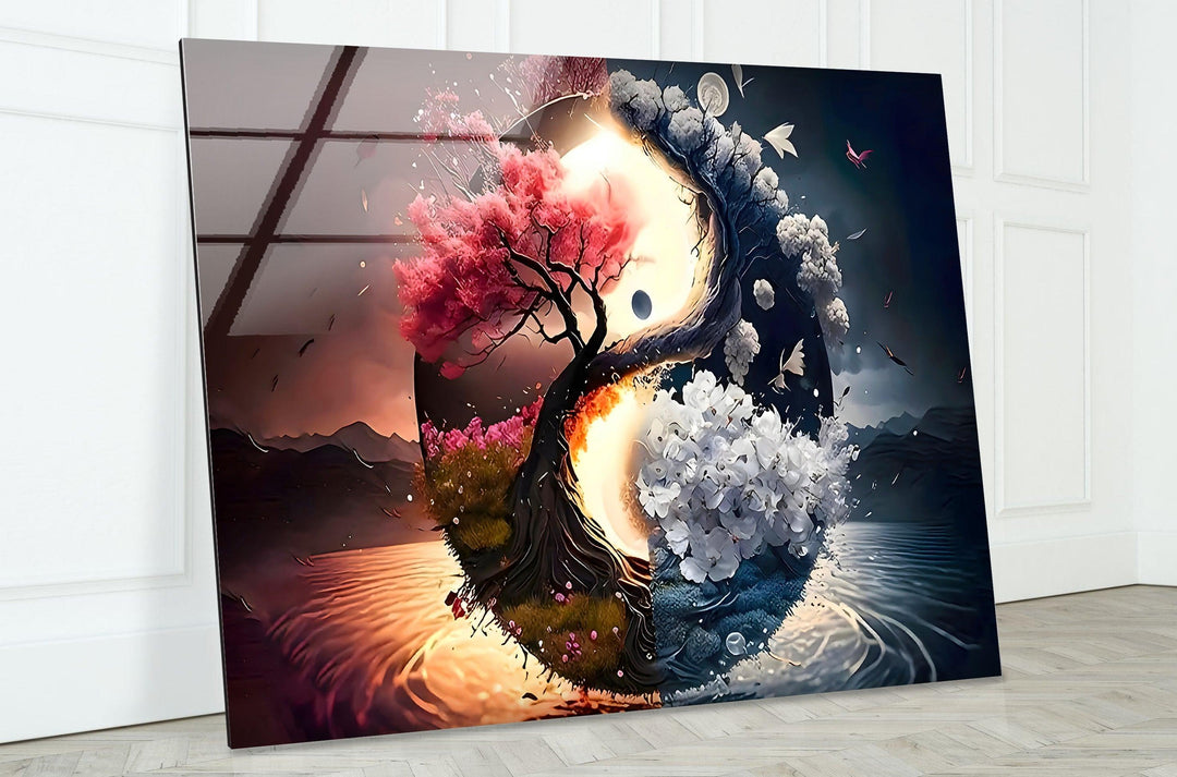 Yin Yang Flower Tree Glass Wall Art stained glass wall art, stained glass wall decor
