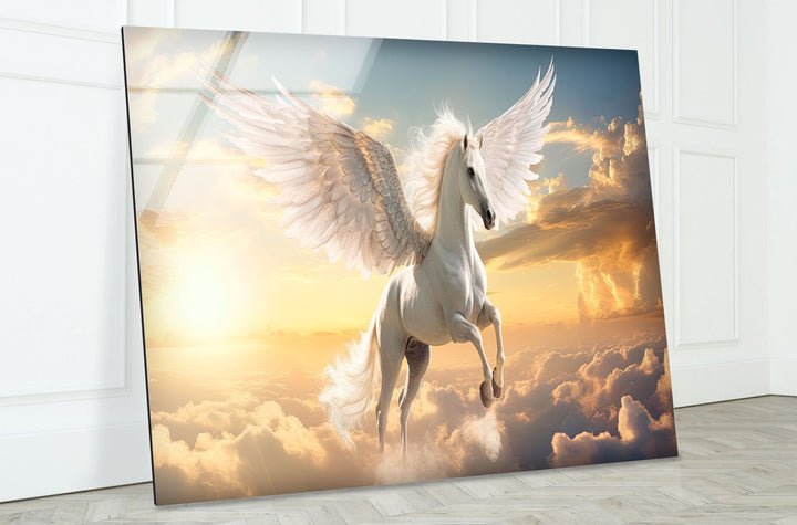 Winged Horse White Glass Wall Art custom glass photo prints, large glass prints
