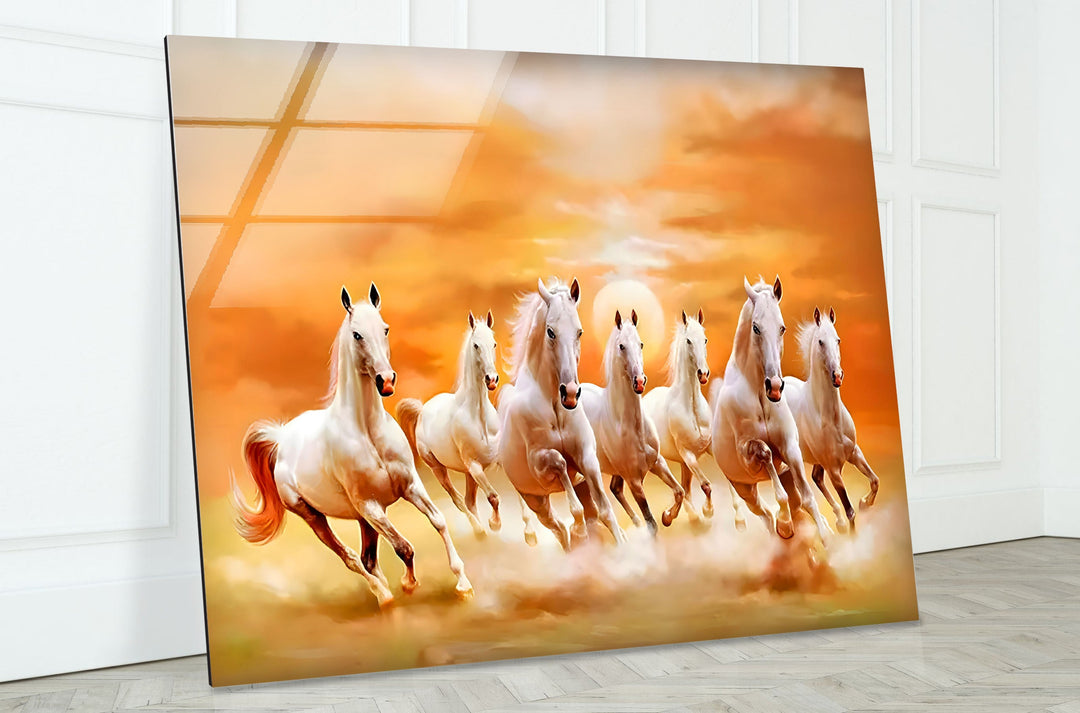 White Horses Running on Sunset Glass Wall Art custom glass pictures, glass art prints
