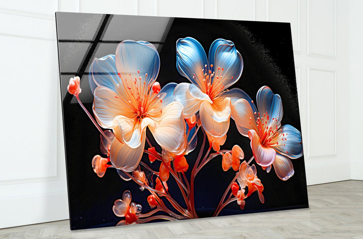 Orange & Blue Flower Glass Wall Art large glass photo prints, glass wall photos
