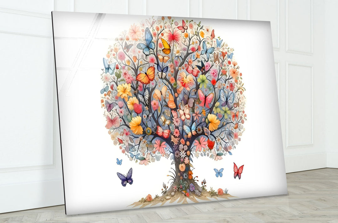 Flower & Butterfly Tree Glass Wall Art photo print on glass, prints on glass wall art
