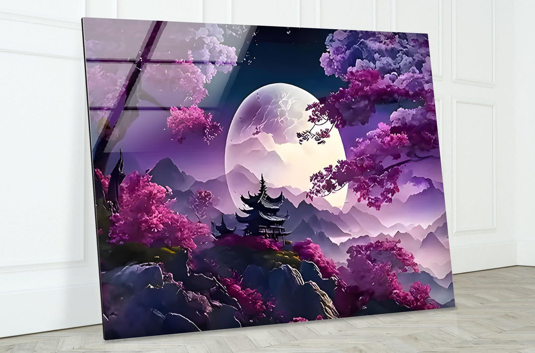 Japanese Temple Purple Sunset Glass Wall Art glass photo prints, glass picture prints
