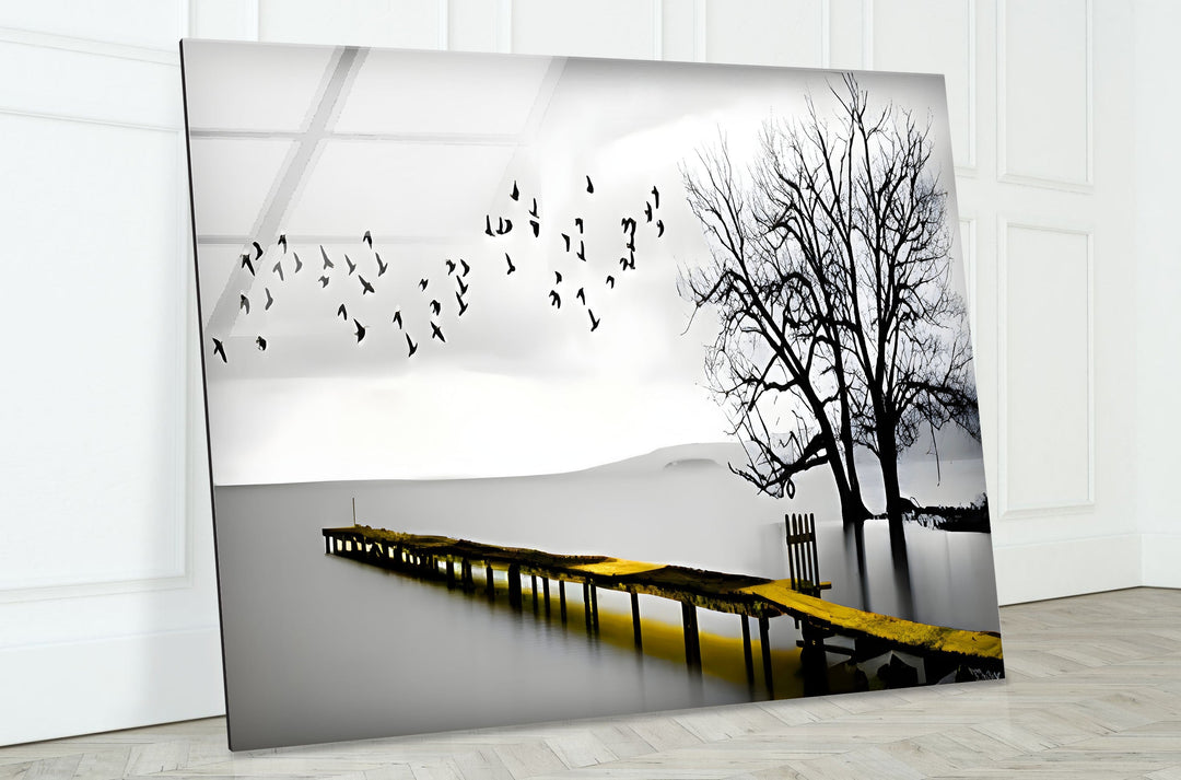 Black & White Dock and Birds Glass Wall Art glass pictures for Wall, glass prints wall art
