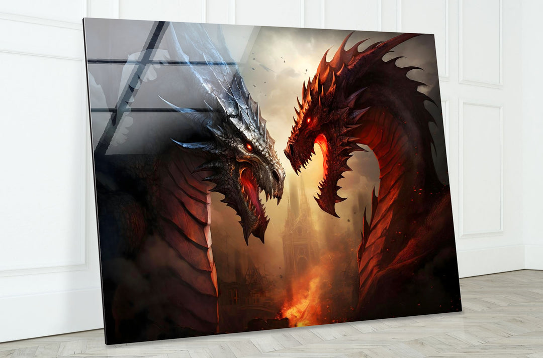 Epic battle between two fire-breathing dragons in a blazing mythical world.
