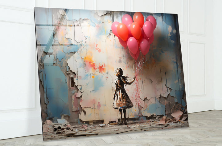 Girl Holding Balloon Glass Wall Art glass art painting, glass art for the Wall
