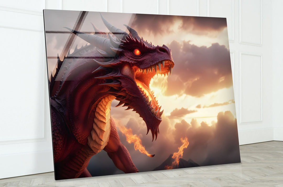 Majestic dragon with glowing eyes and fiery breath, set against a dramatic sky.
