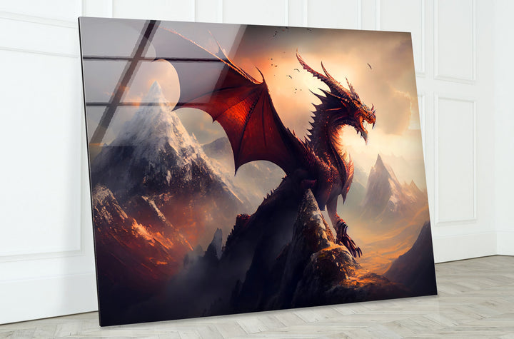 Majestic mythical dragon with glowing red scales, set against a fiery mountain range.
