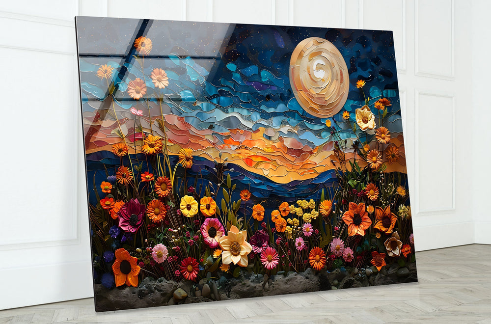 Oil Art Night Sunset & Flowers Glass Wall Art picture on glass wall art, photos printed on glass
