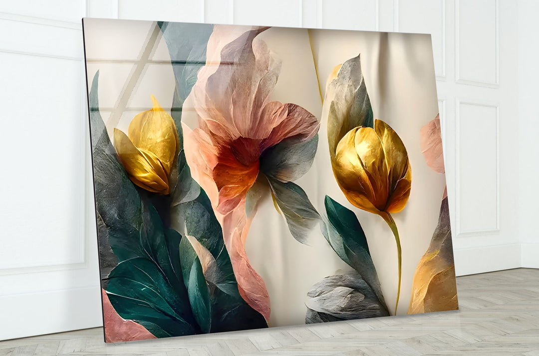 Abstract Golden Details Pink Flower Glass Wall Art glass pictures for Wall, glass prints wall art
