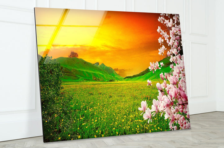 Sunset Meadow Glass Wall Art – Beautiful Spring Landscape with Blossoming Flowers