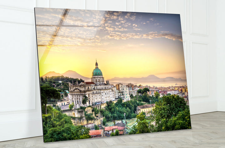 Sunset View of Naples Skyline Glass Wall Art – Iconic Italian Cityscape with Mt. Vesuvius View