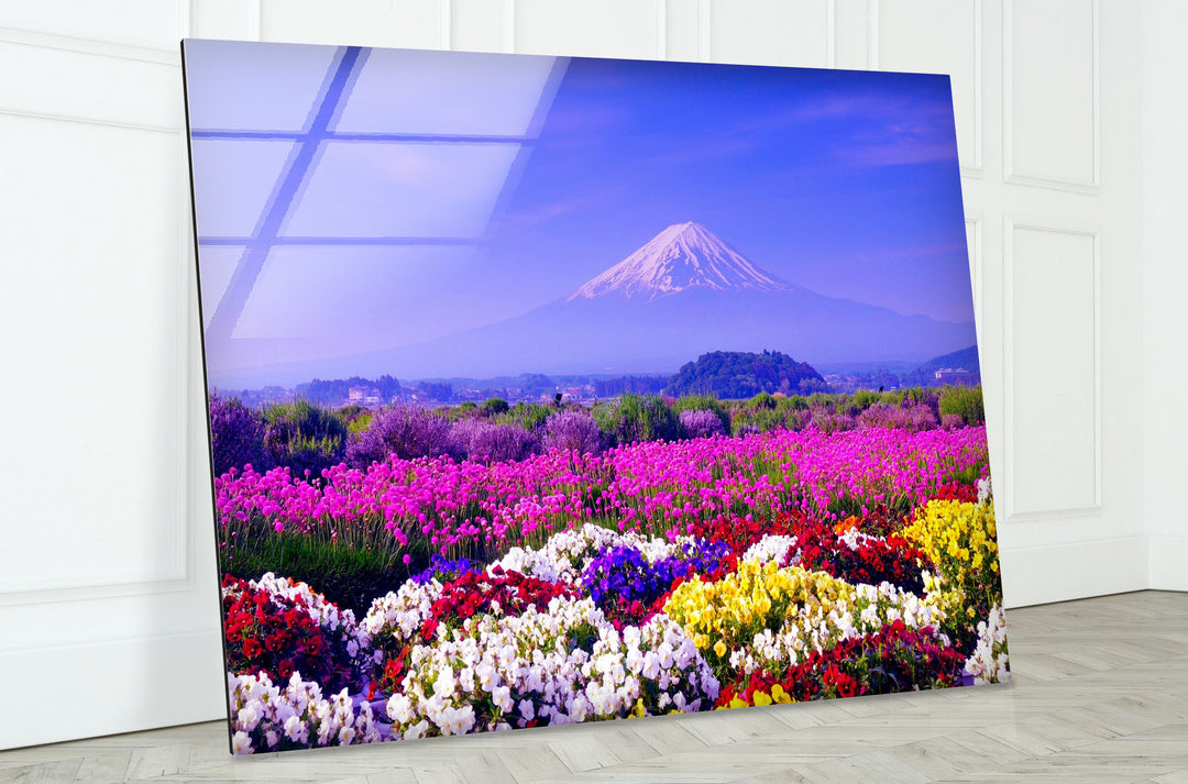 Mount Fuji and Flower Field Glass Wall Art – Majestic View of Japan’s Iconic Mountain & Blossoming Landscape