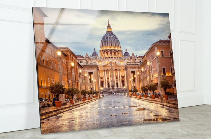 Vatican City Glass Wall Art – Majestic View of St. Peter's Basilica at Dusk