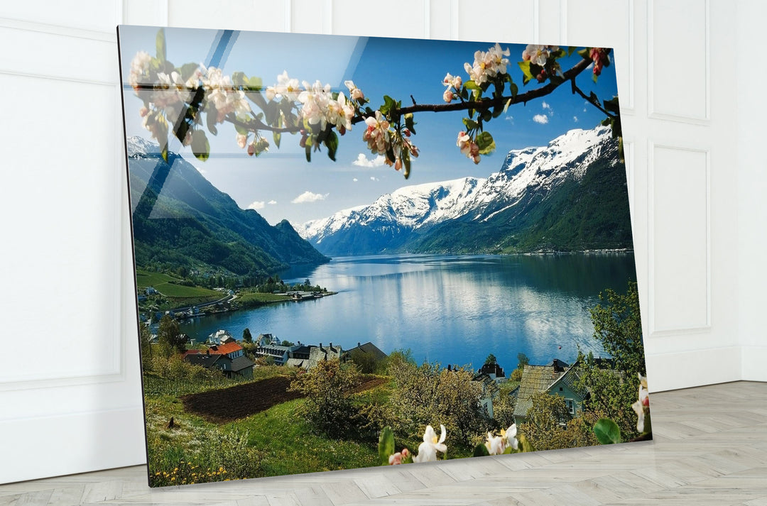 Norwegian Fjord Glass Wall Art – Majestic Mountain & Lake View with Blossoming Flowers