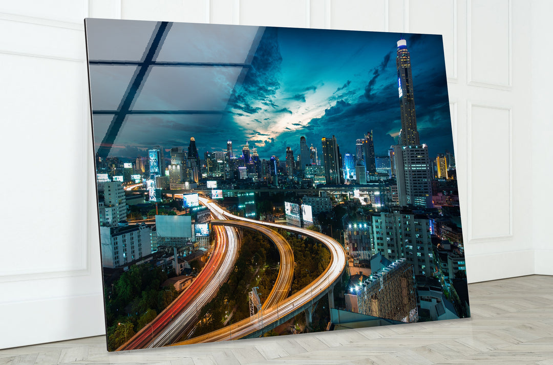 Bangkok Skyline Glass Wall Art – Stunning Night View of Thailand’s Iconic Cityscape