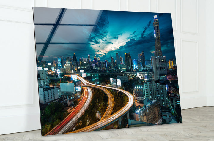 Bangkok Skyline Glass Wall Art – Stunning Night View of Thailand’s Iconic Cityscape