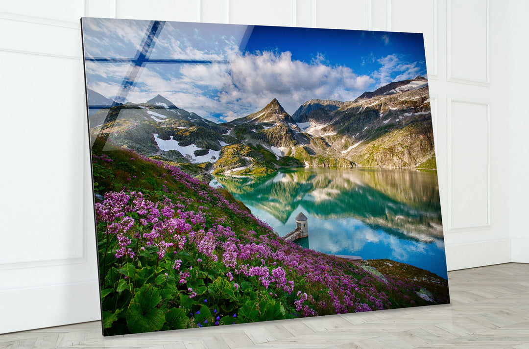 Norwegian Fjord Glass Wall Art – Majestic Mountain with Blossoming Flowers