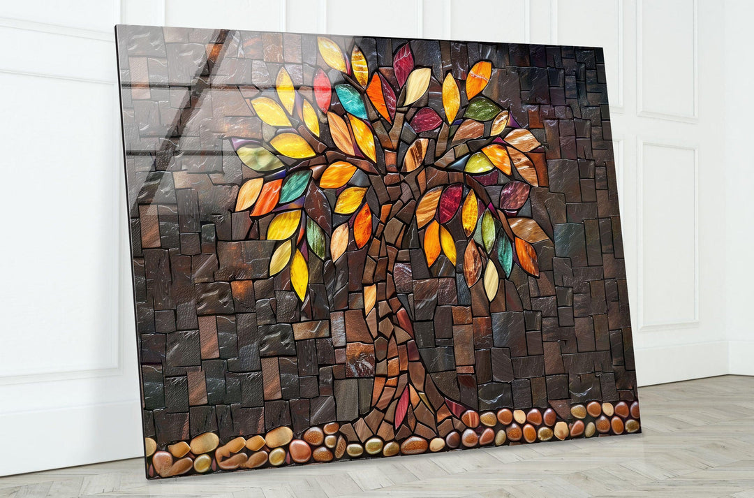 Mosaic Brown Tree Of Life Glass Wall Art glass pictures for Wall, glass prints wall art