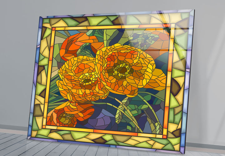 Orange Flowers Stained Glass Wall Art photo print on glass, prints on glass wall art