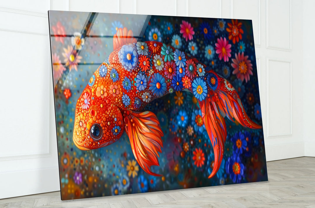 Fish with Flowers Glass Wall Art glass art painting, glass art for the Wall