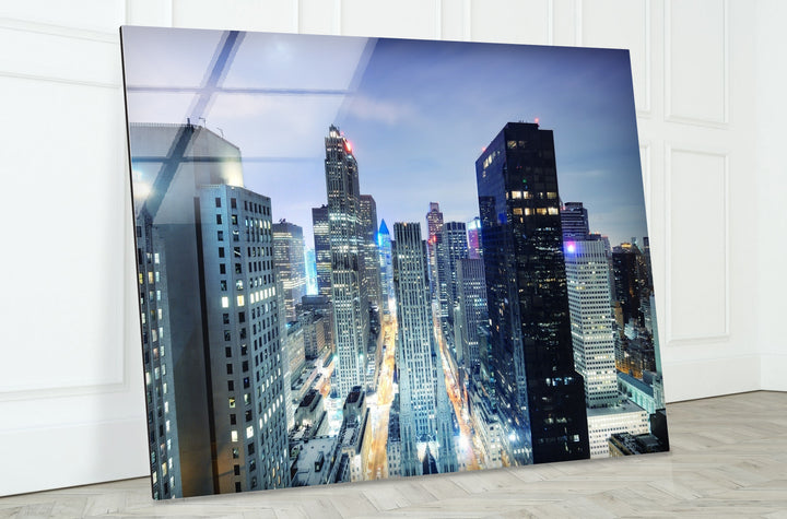 Chicago Skyline Glass Wall Art – Stunning Night View of Downtown Skyscrapers and Streets