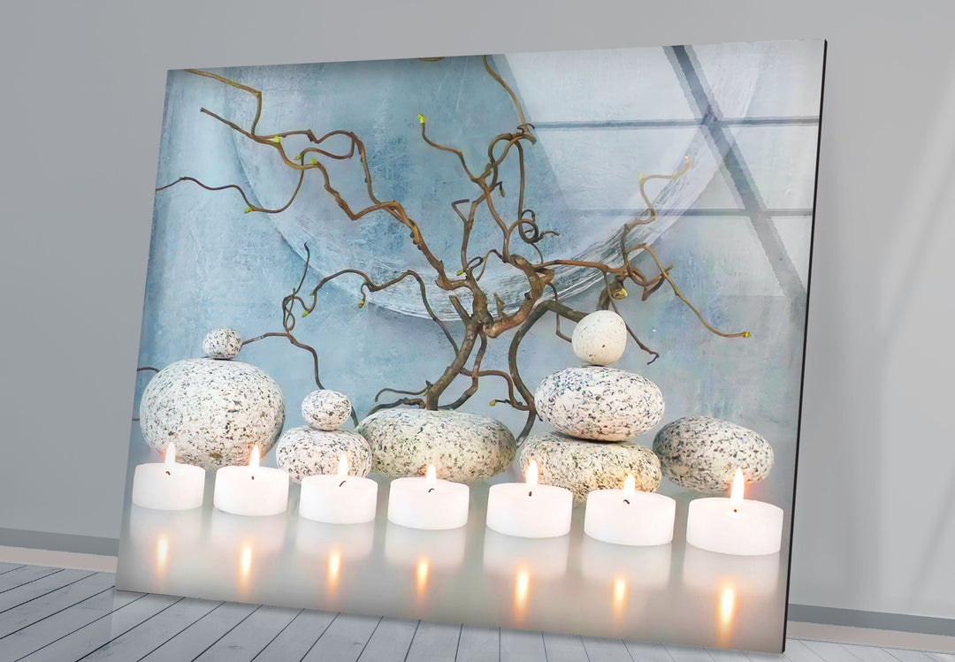 Candle With Zen Spa Stones Glass Wall Art