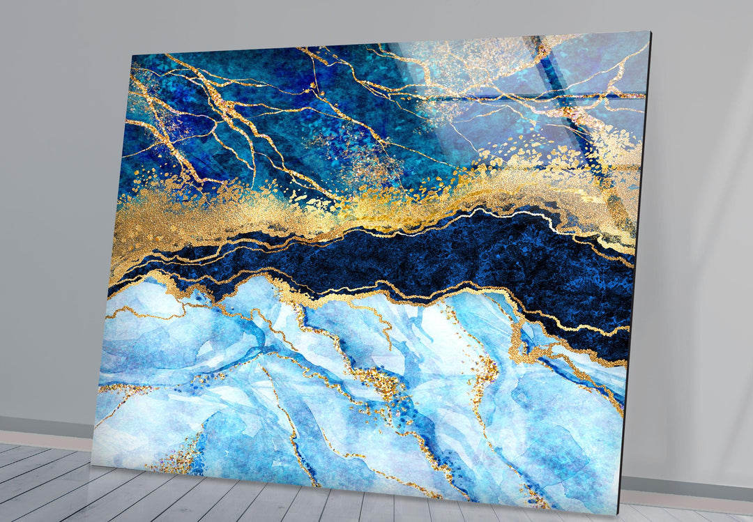 Turquoise Marble&Gold Veins Glass Wall Art, custom glass photo prints, large glass prints