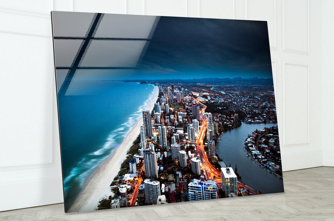 Gold Coast Skyline Glass Wall Art – Majestic View of Australian Coastal City at Night