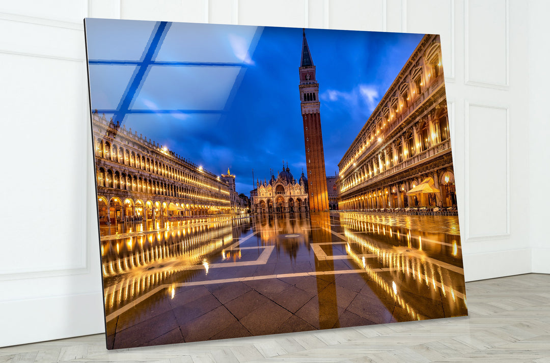 St. Mark's Square Glass Wall Art – Majestic Venice Landmark with Illuminated Campanile Tower