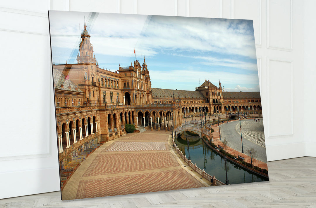 Plaza de España Glass Wall Art – Majestic Spanish Landmark with Scenic Canal View