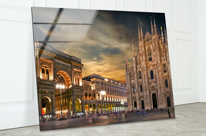 Milan Cityscape Glass Wall Art – Iconic Duomo Cathedral & Galleria Vittorio Emanuele at Dusk