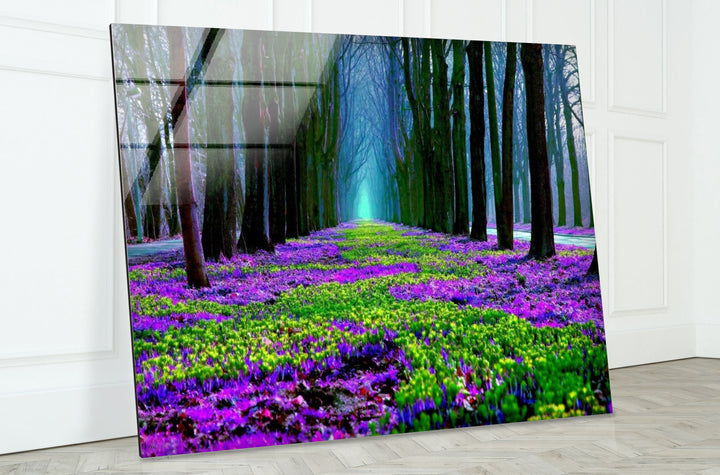 Flower Pathway Glass Wall Art – Serene Spring Landscape with Lush Blooming Flowers