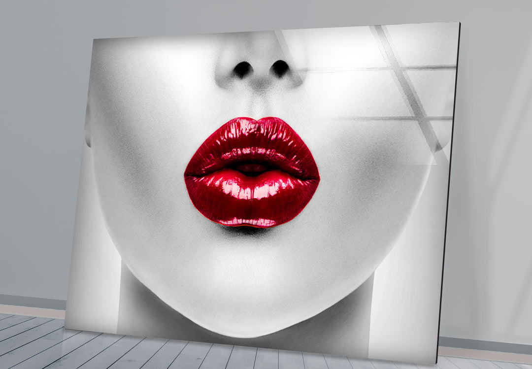 White Woman Red Lips Glass Print Wall Art & Cool Artwork