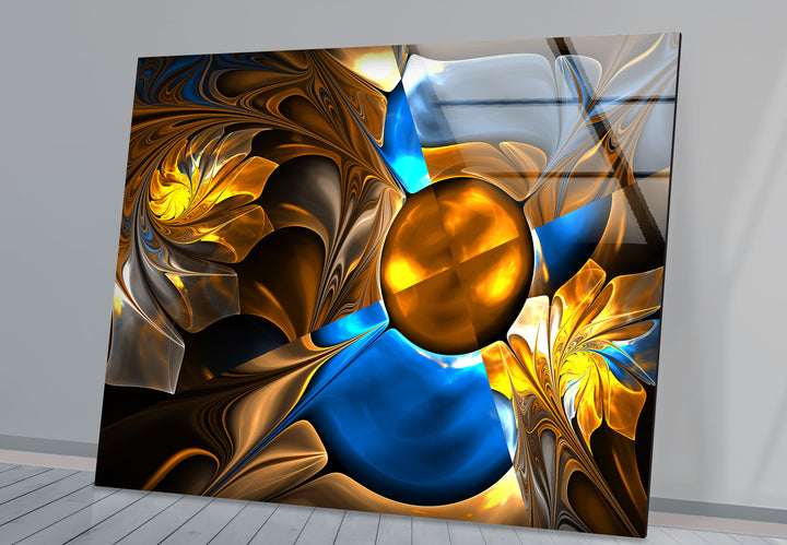 Abstract Blue&Gold Fractal Glass Wall Art,             glass wall decor, glass wall art decor