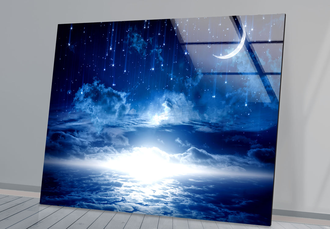 Starry Night Sky Moon Glass Wall Art, large glass photo prints, glass wall photos