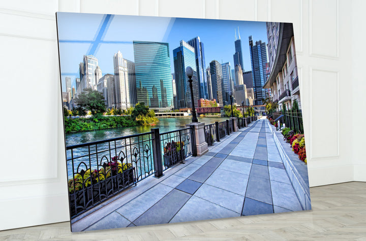 Chicago Riverwalk Glass Wall Art – Stunning View of Downtown Skyscrapers & Waterfront Path