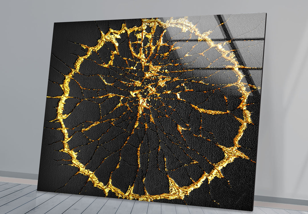 Golden Cracks Abstract Glass Wall Art