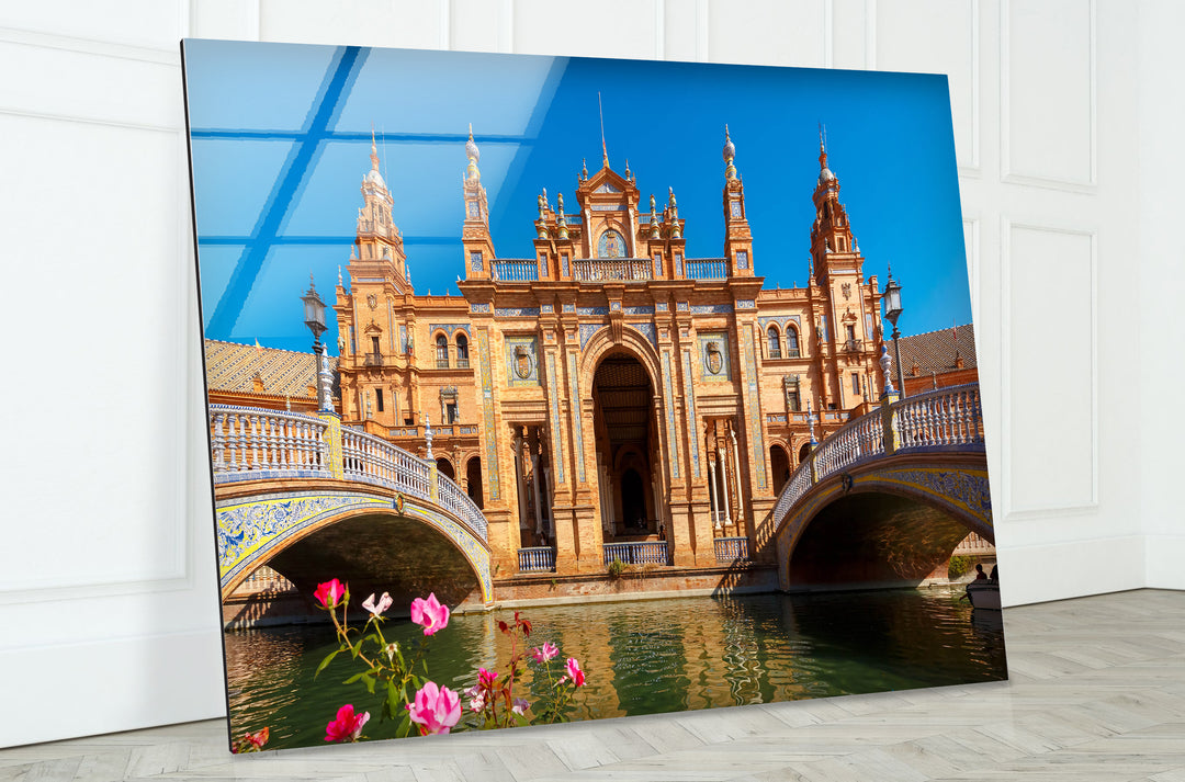 Plaza de España Glass Wall Art – Majestic Spanish Landmark with Scenic Canal