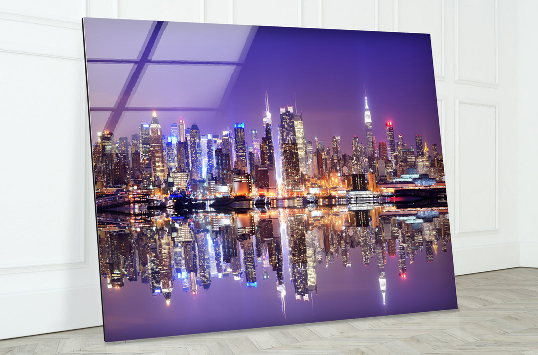 New York City Skyline Glass Wall Art – Iconic Manhattan Skyline with Stunning Waterfront Reflection