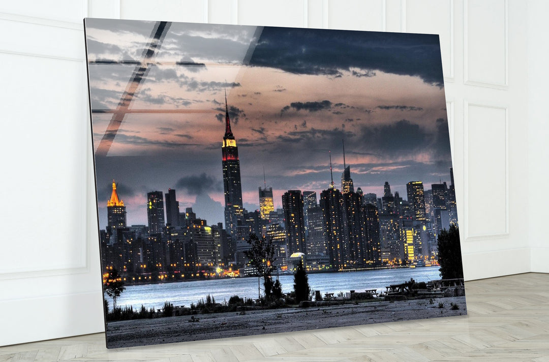 New York City Skyline Glass Wall Art – Stunning Evening View of Empire State Building & Downtown