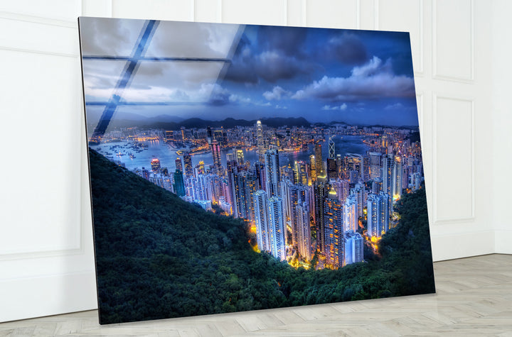 Hong Kong Skyline Glass Wall Art – Stunning View of City Lights & Harbor at Dusk