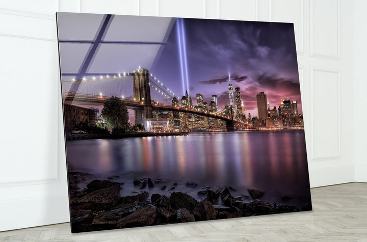 Brooklyn Bridge Glass Wall Art – Breathtaking NYC Skyline with Tribute in Light